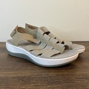 Clarks Size 9W Comfort Wedge Sandals Beige Elastic Slingback Walking Shoes